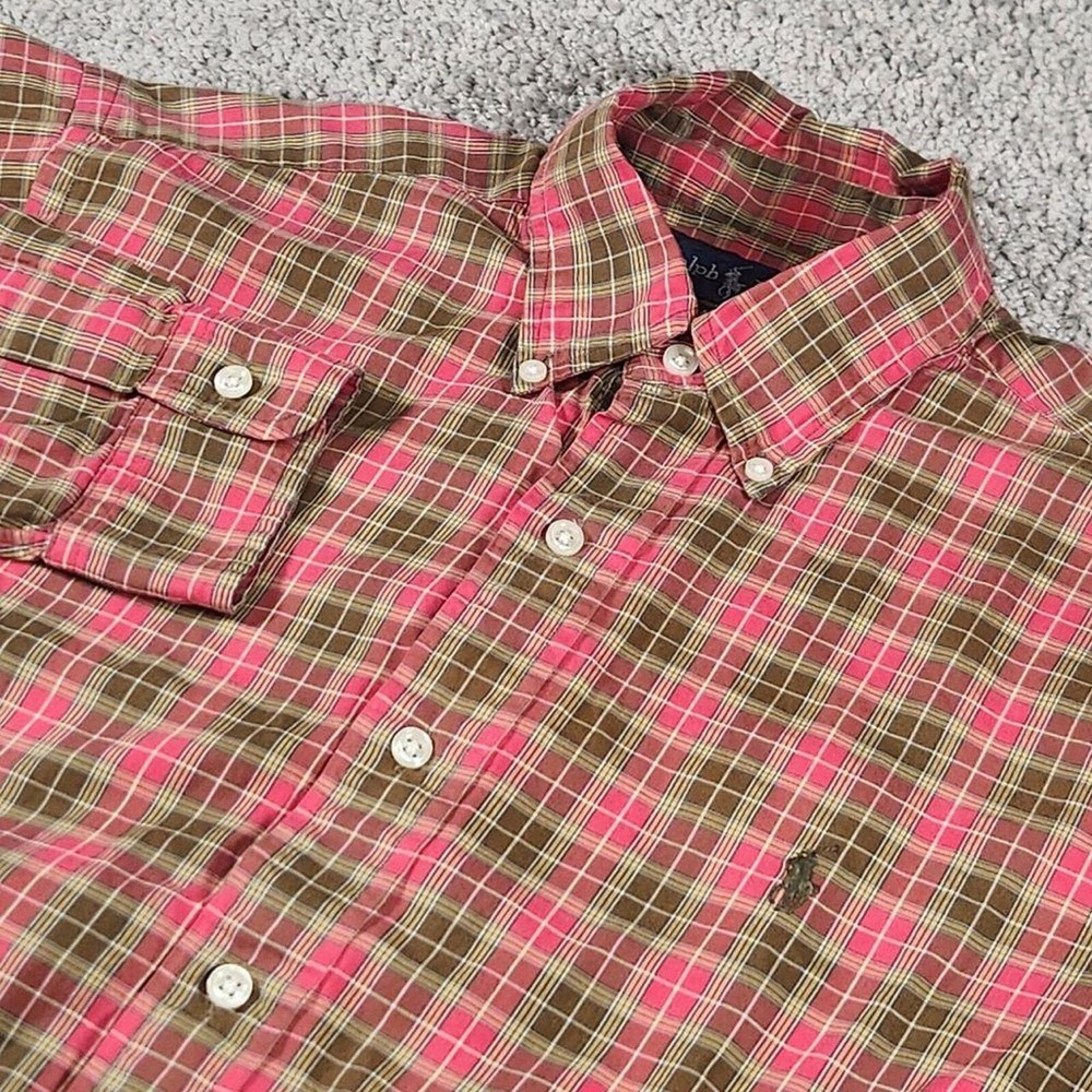 Ralph Lauren Classic Fit Collared Shirt Mens Small Dark Pink & Green Plaid Pony
